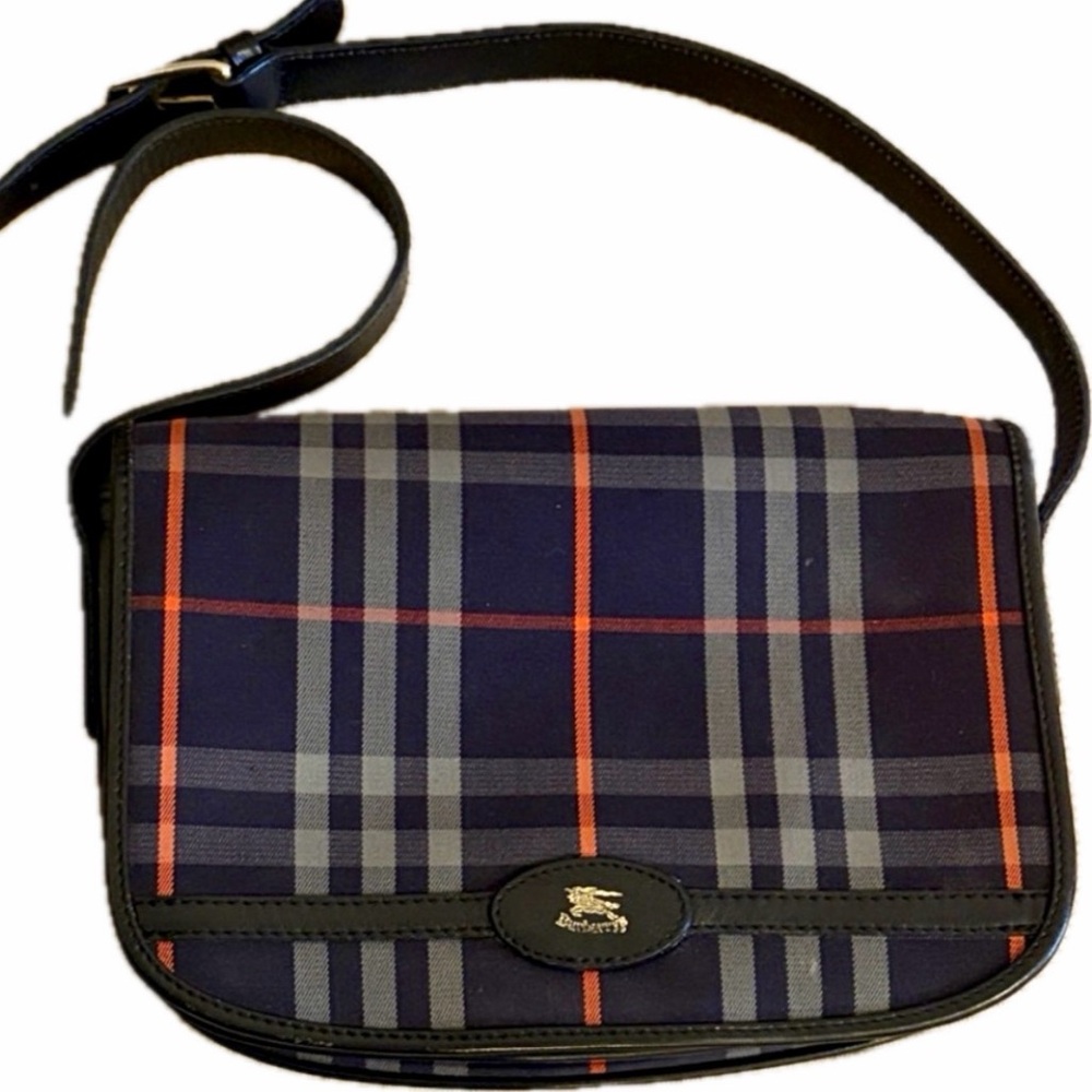Vintage Burberry Navy Nova Check Leather Crossbody | Made in England